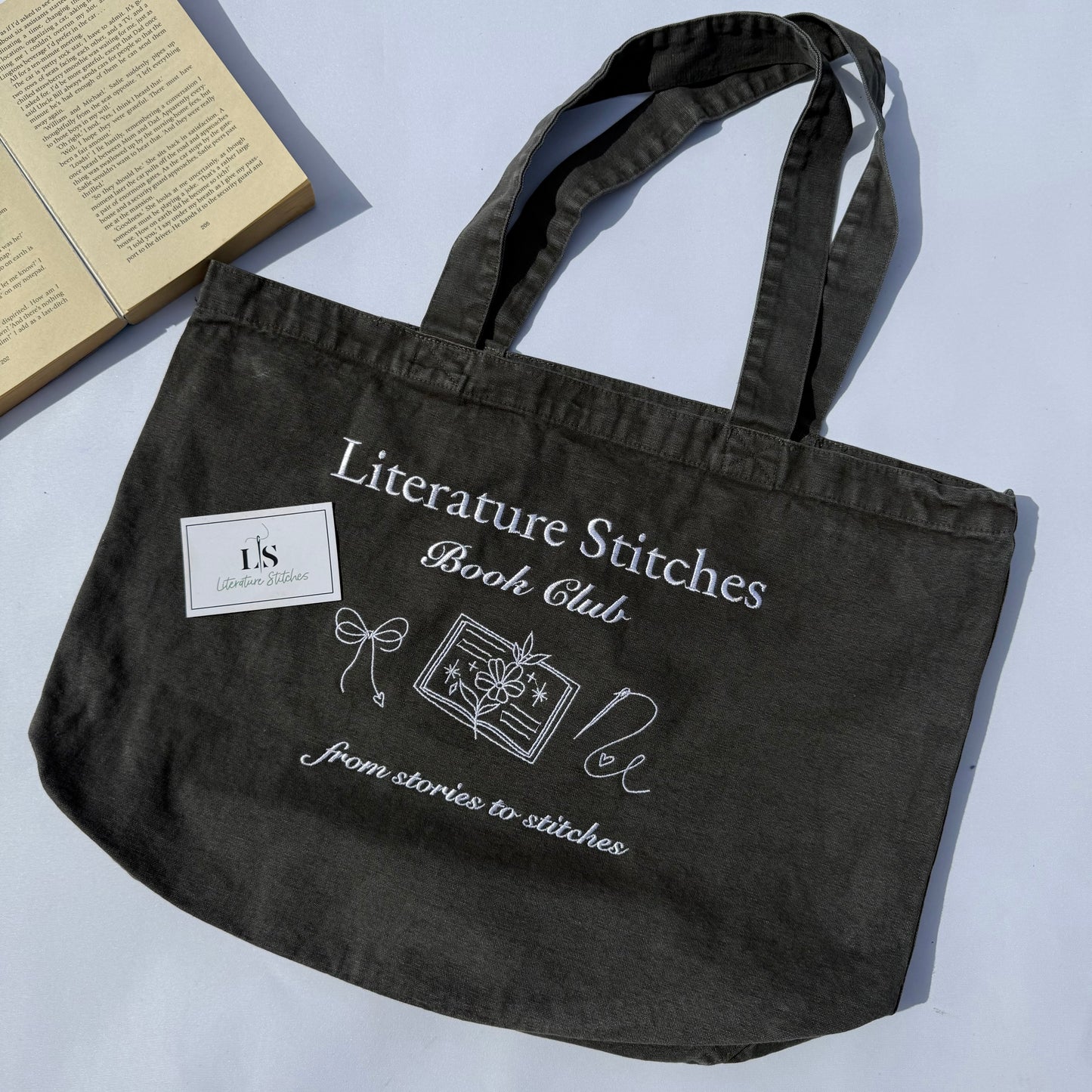 Literature Stitches Book Club Grey Tote