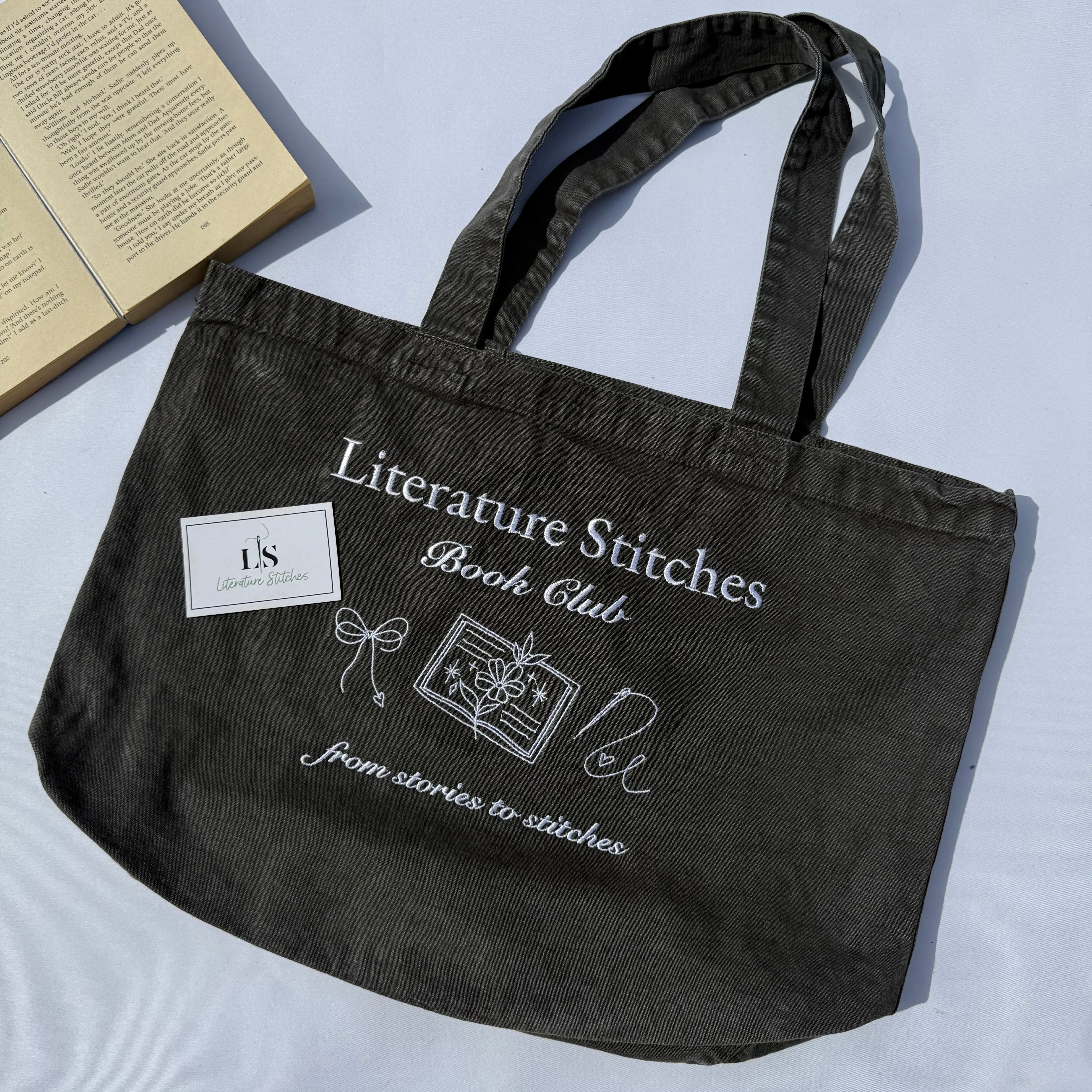 Literature Stitches Book Club Grey Tote