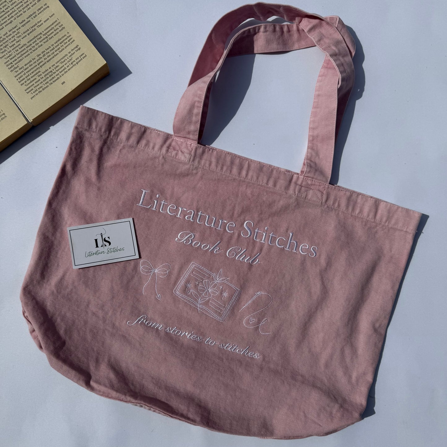 Literature Stitches Book Club Light Pink Tote